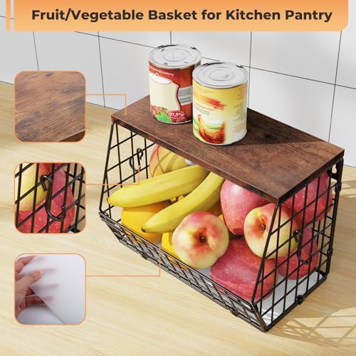 Wawocs Fruit Basket for Kitchen Counter, Fruit Bowl Stackable Wall Mounted Hanging Fruit Basket Wire Basket with Wood Lid with Banana Hanger Hooks, Onion,Potato,Fruit and Vegetable Storage - Image 3