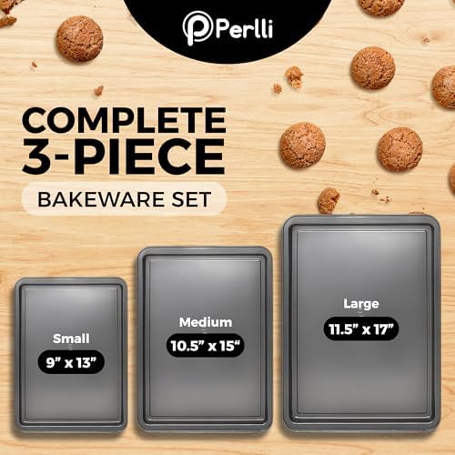 PERLLI Non-Stick 3-Piece Baking Pan Set – Carbon Steel with Even Heat Distribution, Oven Safe to 446°F, BPA-Free, Dishwasher Safe, Stackable Baking Tools for Easy Storage and Everyday Cooking - Gray - Image 2