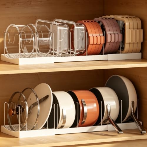 Magheo 2 Pack Pots and Pans Organizer Under Cabinet, Expandable 12.6"-22.8" Kitchen Cabinet Organizer Holder with 10 Adjustable Dividers for Food Storage Container Lid, Cookie Sheet, Cookware(White) by MAGHEO