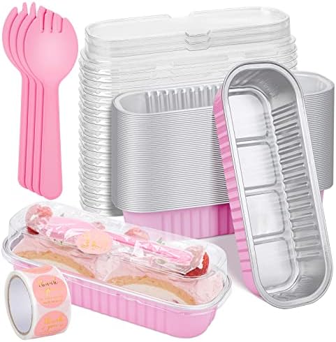 25Pack Pink Mini Cake Pans with Lids Mini Loaf Pans and Spoons and Stickers, 6.8Oz Aluminum Foil Pans Tins, Individual Dessert Cups Containers for Sales,Party,Picnics by ylnurac