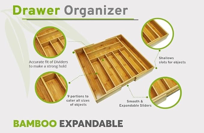 Nature Gear Bamboo Kitchen Drawer Organizer, Expandable Wood Utensil Tray, Adjustable Silverware Organizer with 9 Compartments for Fork, Spoon & Knife Utensils - Image 8