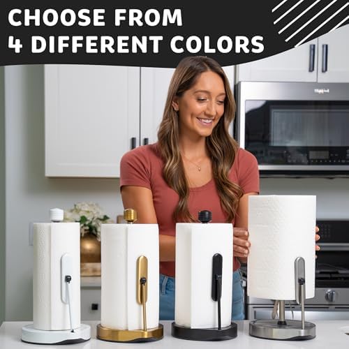 Stainless Steel Tension Arm Paper Towel Holder - Easy One-Handed Operation - This Sturdy Weighted Paper Towel Dispenser Countertop Model Has Suction Cups and Holds All Paper Towel Rolls (Gold) - Image 5