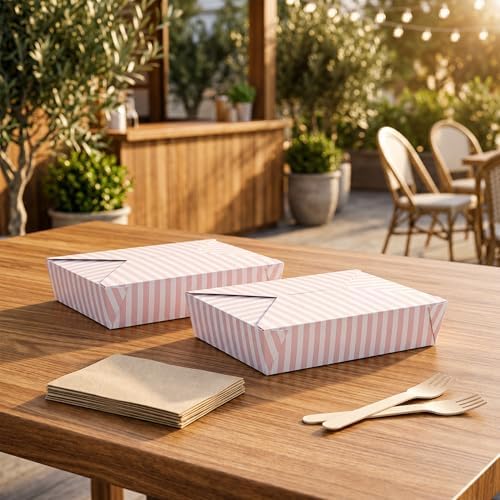 Restaurantware 49 oz Pink And White Stripe 2 Bio Box Container, 50 Ct - Image 3