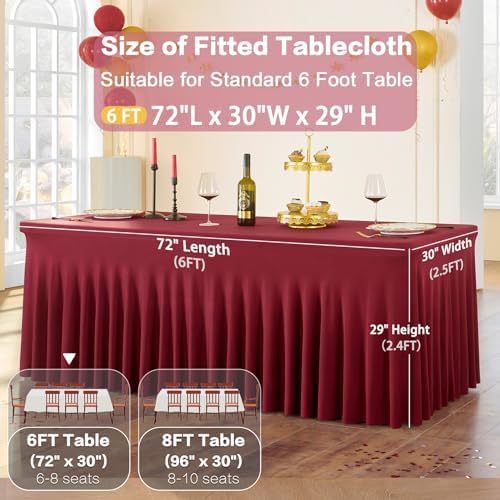 2 Pack Burgundy Spandex Table Clothes for 6 Foot Rectangle Tables, Wrinkle Free Fitted Table Cover 6ft Maroon Stretch Tablecloths with Skirt for Parties Weddings Birthday Banquet Baby Shower - Image 5