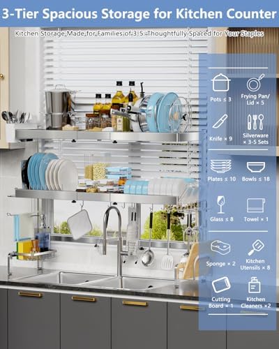 3-Tier Stainless Steel Over-the-Sink Dish Drying Rack, Expandable - Image 3