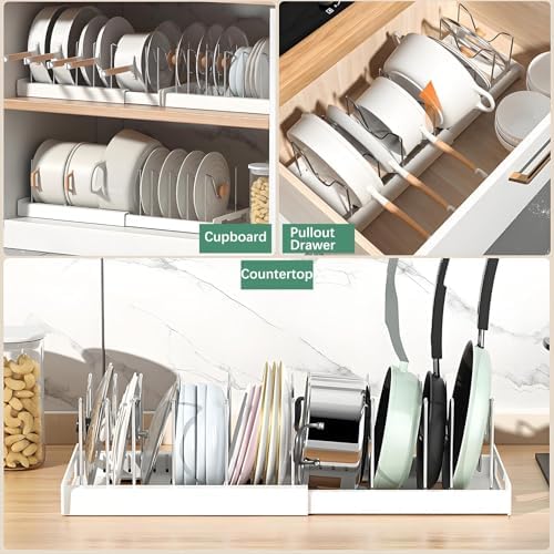 KXSGKRR 2 Pcs Pot and Pan Organizer, Expandable Pots and Pans Organizer Under Cabinet, Pot Lid Holder with 10 Adjustable Compartment for Bakeware, Cutting Boards, Lid, Dishes, Cookware (2 Pcs) - Image 2