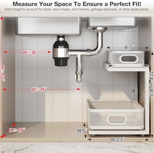 2 Pack 18.5IN-Depth Under Sink Organizer With Next-Gen Ball-Bearing Slides,2-Tier Precision Mesh Pull Out Cabinet Storage for Bathroom&Kitchen,Height Adjustable Drawers Shelf,Anti-rust-White - Image 2