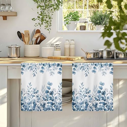 Blue Eucalyptus Kitchen Towels Set of 4, Absorbent Dish Towels for Kitchen, Botanical Summer Leaves Country Floral Microfiber Hand Towel, Quick Drying Tea Towel for Cleaning Decorative Dishcloths - Image 4