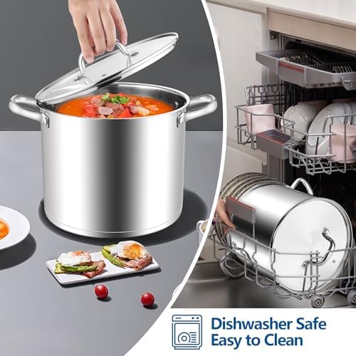 E-far 12 Quart Cooking Stock Pot, Large Stainless Steel Pot for Canning Simmering Stewing, Heavy Duty Cookware with Tri-ply Base for Induction Gas Stoves, Soup Pots with Glass Lid, Dishwasher Safe - Image 7