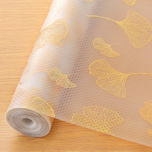 Cooyes Shelf Liner, Non Adhesive Drawer and Cabinet Liner, EVA Washable Oil-Proof Shelf Paper for Kitchen Cabinets, Refrigerator, Storage, Desks with Modern Pattern （Gold Ginkgo，11.8" W x 118" L） by Cooyes