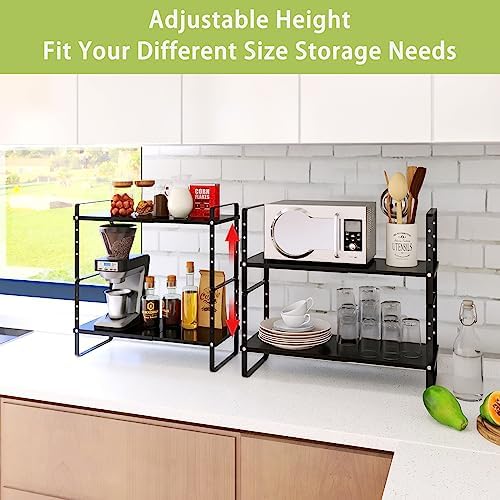 Across-Star Expandable Cabinet Shelf Organizer Rack, Stackable Kitchen Counter Storage Shelves Stand, Adjustable Height Pantry Shelf Spice Rack (Black, 2 Pack) - Image 4