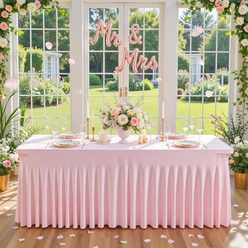 2 Pack Pink Spandex Tablecloths for Rectangle Tables 8 Foot Pink Stretch Table Cloth Rectangle 8ft Elastic Fitted Table Cover with Skirt for Wedding Baby Shower Girl Birthday Party Banquet Buffet - Image 2