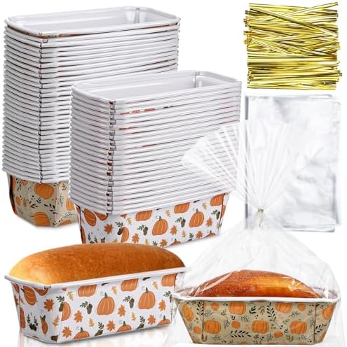 Hushee 50 Sets Fall Paper Loaf Pan 6.3 x 2.2 x 2.2 Inch Disposable Cake Pan Liners with Clear Plastic Bags and Ties Rectangle Paper Baking Mold for Thanksgiving Autumn Bread Cake Bakery(Novel) by Hushee