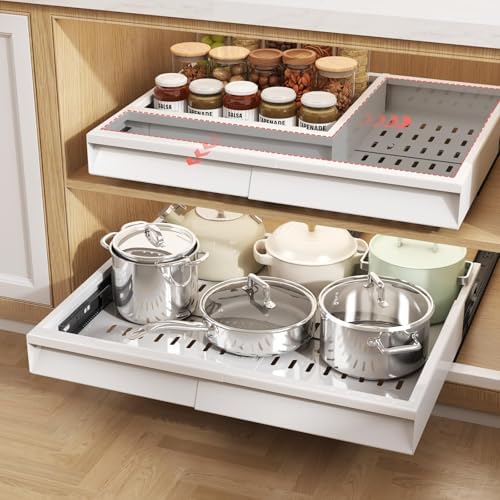 Seinloes Pull Out Cabinet Organizer, 4-Side Expandable to Fit Most Cabinets, 3 Rail Slide Out Drawers with Raising Pad for Framed & Frameless Cabinets, 13"-21" W x 13"-17" D, White, 2 Pack by Seinloes