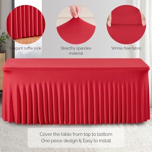 Wish Care 2 Pack Red Spandex Table Clothes for 4 Foot Rectangle Tables, 4FT Wrinkle Free Fitted Tablecloths Ruffles Design Stretch Table Cover for Party, Banquet, Wedding and Events - Image 2