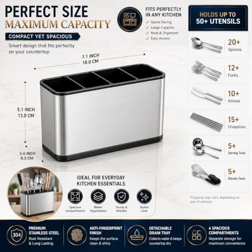 Cutlery Utensil Holder Spoon Fork Storage Organizer for Countertop Kitchen Rustproof, Flatware Caddy Stainless Steel Cutlery Holder Stainless Steel Kitchen Organizer Caddy - Image 6