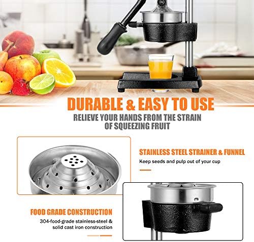 Commercial Heavy Duty Cast Iron Hand Press Manual Orange Citrus Lemon Lime Grapefruit Pomegranate Fruit Juice Squeezer Machine with Stainless Steel Cup Black - Image 6