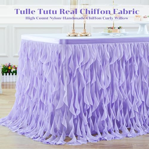Partisky Lavender Purple Tulle Curly Willow Table Skirt for Rectangle Table 17ft, Ruffle Tutu Table Cloth for Girls Boys Baby Shower,Mermaid Birthday Party - Image 4