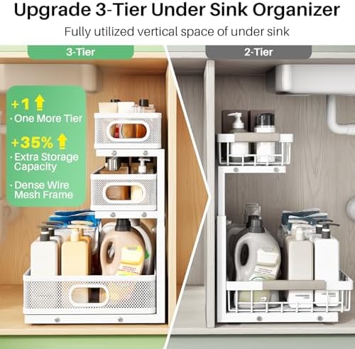 Kitstorack Under Sink Organizer, 2-Pack 3-Tier Height Adjustable Thickened Metal Pull out Cabinet Organizer Shelf, Slide out Storage Drawer Rack for Bathroom Kitchen Pantry Home Laundry Organization - Image 4
