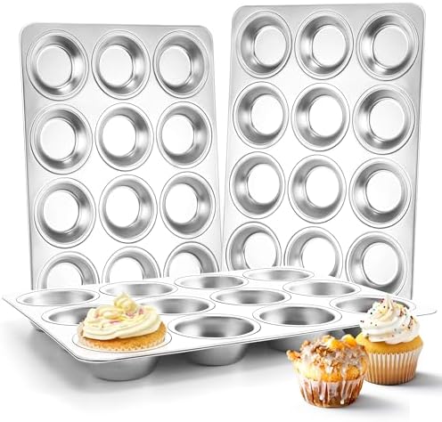 Herogo 3 Pack 12-Cup Stainless Steel Muffin Pan Tin for Making Egg Muffin Quiches, Metal Nonstick Cupcake Tray Set for Baking, Mini Brownie, Regular Size & Easy Clean, Oven & Dishwasher Safe by Herogo