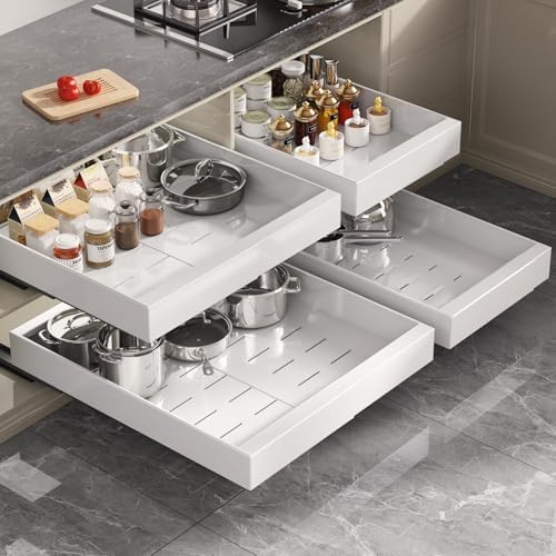 Seinloes 2 Pack Pull Out Cabinet Organizer 24" Deep,Full Extension 3 Slide Rails Slide Out Drawers With Raising Pad for Framed Cabinets,Expandable Width (12.3"-20.5"),No Drill Roll Out Shelf,White - Image 6