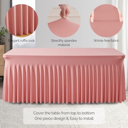 Wish Care 2 Pack Dusty Rose Spandex Table Clothes for 8 Foot Rectangle Tables, 8FT Wrinkle Free Fitted Tablecloths Ruffles Design Table Cloth for Party, Banquet, Wedding and Events - Image 6