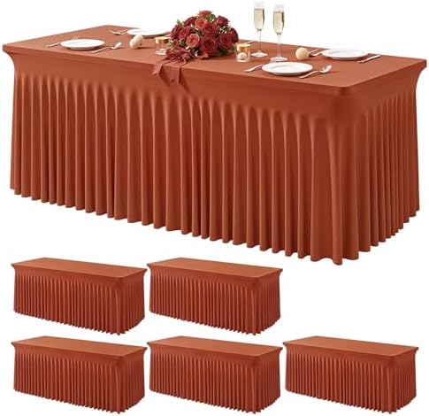 Wish Care 6 Pack Rust Spandex Table Clothes for 6 Foot Rectangle Tables, 6FT Wrinkle Free Fitted Tablecloths Ruffles Design Table Cloth for Party, Banquet, Wedding and Events by WishCare