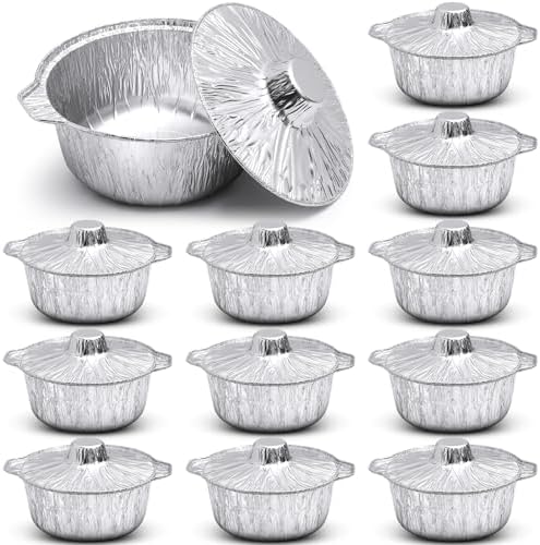 Ziliny 12 Pcs Disposable Aluminum Pot with Lid Round Foil Pans Disposable Cookware Food Container for Vacation Trips Camping Baking Heating Cooking (121.7 oz) by Ziliny