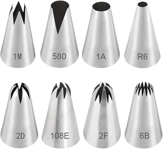 8pcs Stainless Steel Professional Set Large Piping Nozzles Flower Piping Tips Star Nozzle Nozzles for Piping Bag Attachments Piping Nozzles Decoration Tips for Cream Cupcakes Cake Syringe by Unknown