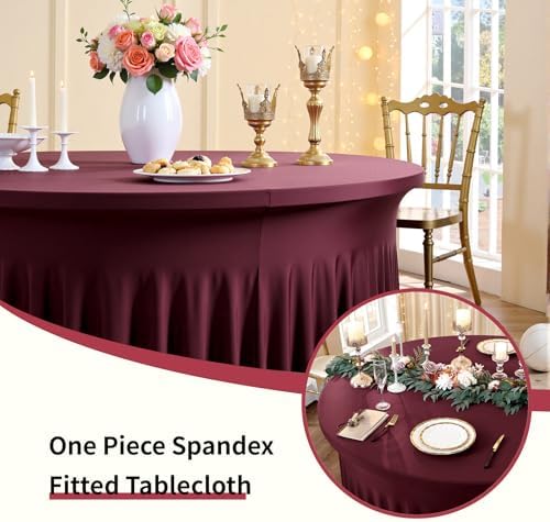 Outpain 6 Pack Spandex Burgundy Round Tablecloths for 60in Tables, 120Inch Stretchy Fitted 5FT Round Table Clothes,Wrinkle Free Table Cover with Skirt for Wedding Party Dining Banquet - Image 2