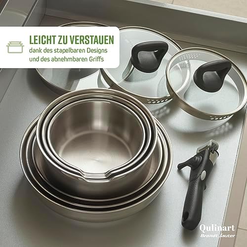 by Brandt 10-Piece Stainless Steel Cookware Set, 3 Pots 16/18/20 cm + 3 Non-Stick Frying Pans 20/24/26 cm + 3 Strainer Lids with Bakelite Handle 16/18/20 cm + 1 Removable Handle - Image 2