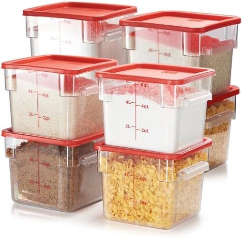 CURTA 8-Pack 6 Qt NSF Clear Polycarbonate Food Storage Containers with Red Lids - Square, Commercial-Grade, Freezer & Dishwasher Safe, Stackable by CURTA