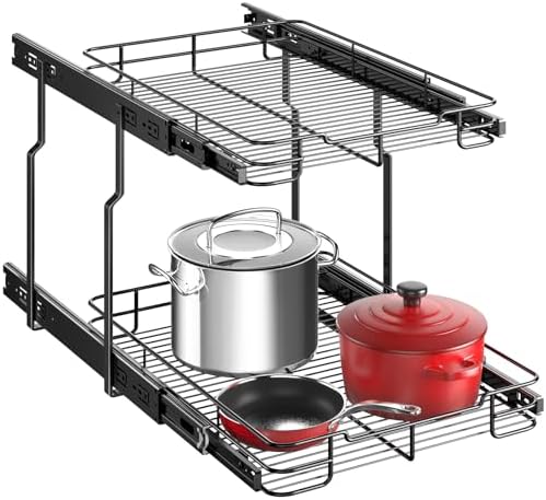 Delamu Pull Out Cabinet Organizer 2-Tier 14" W x 21" D Heavy Duty Chrome-Plated Slide Out Drawers, Kitchen Drawer Organizer Pull Out Shelves for Pots & Pans, Home Pantry Cans & Spices, Black by DELAMU