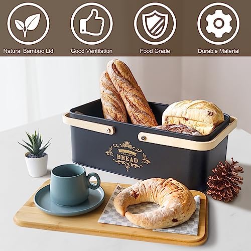 Large Bread Box Metal Bread Bin with Bamboo Lid and Handle Portable Outdoor Bread Food Storage Container Modern Bread Box for kitchen Counter Organizer Kitchen Decor (Black 1) - Image 3