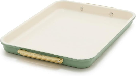GreenPan Bakeware 13" x 9" Quarter Sheet Pan, Ceramic Nonstick Baking Pan, PFAS & BPA Free, Gold Handles, Durable Steel, Versatile & Space Saving Ovenware, Freezer to Oven Dish, Sage Green by GreenPan