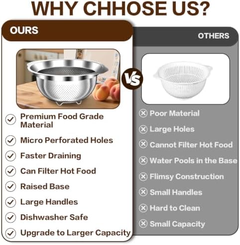 Large Strainers and Colanders, Big Stainless Steel Colanders for Kitchen, Stainless Steel Strainer Set of 3 (7 QT, 6 QT, 5 QT) for Draing Pasta Spaghetti Fruit Vegetable - Image 3
