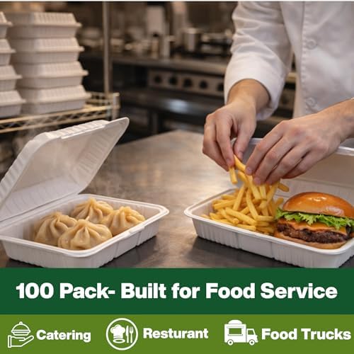 Front Lock MFPP Hinged Food Containers, 9x6 Clamshell Take Out Food Containers [100-Pack] - Microwave & Freezer Safe, Stackable Disposable Food Containers - White - Image 5