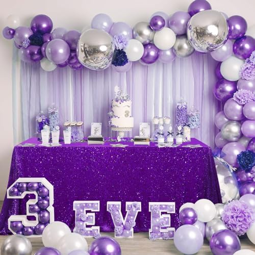 QueenDream Purple Tablecloth Sequin Fabric Table Cloths 90x90 Inch Halloween Party Decorations Purple Overlay Drapes Birthday Party Xmas Decorations by QueenDream