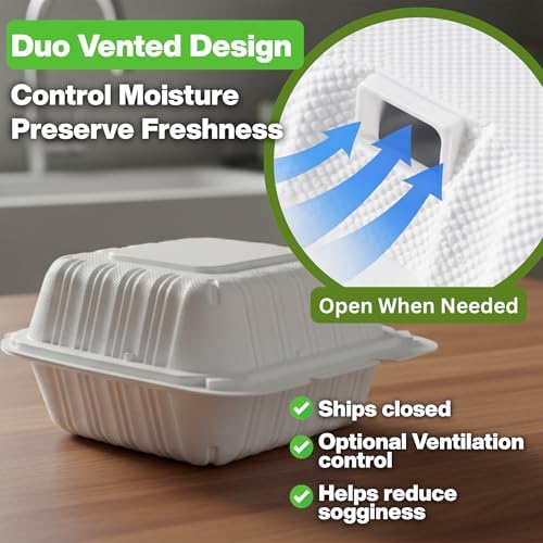 Hinged Take-Out Containers 6″ x 6″(50pack) BPA Free, Clamshell To Go Boxes Recyclable, Microwave & Freezer Safe Food Storage Boxes for Restaurants, Catering - Cake Slice Container - White - Image 2