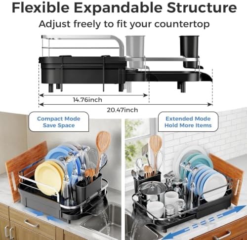 Expandable Stainless Steel Single Tier Dish Drying Rack, Auto Drain Dish Drainer for Kitchen Counter with Rotatable Multi-Slot, Drainboard, Utensil & Cutting Board Holder, 15"-22.4" Adjustable Length - Image 4