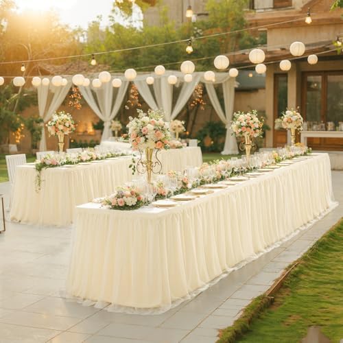 6ft Champagne Tulle Tablecloths for Rectangle Tables Stretch Rectangular Table Cloths Wrinkle Free 6 Foot Spandex Table Cover with Tutu Skirt for Wedding Birthday Party Banquet Buffet Cake Desk Skirt - Image 3