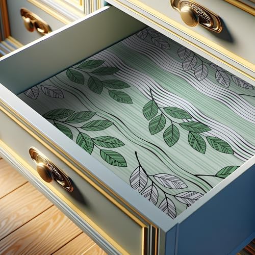 FIFTY FEET Green Leaves Shelf Liner for Kitchen Cabinets, 12 x 120 Inch x 6 Roll Non Adhesive Non Slip Drawer Liner, Washable Cabinet Liner for Shelves & Drawers by FIFTYFEET