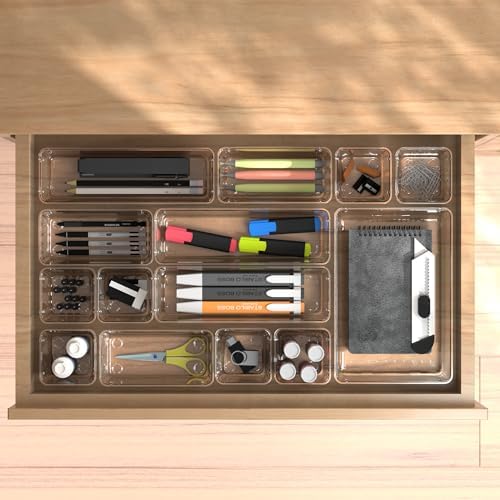 Cetomo 14 Pcs Drawer Organiser Set, Plastic Storage Organizer, Drawer Dividers, Adjustable and Expandable, Container Tray for Kitchen Utensils, Cosmetic, Makeup, Gadgets, Clear, 4 Size-14 Pack - Image 5