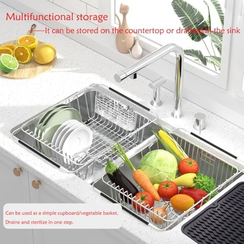 NiuYichee Stainless Steel Dish Drying Rack(15" L X 12.6" W X 4.7" H), Expandable Fruit & Vegetable Drain Rack Over Sink, Dish Drainer Rack in Sink, with Utensil Holder & Silicone Mat(16") - Image 4