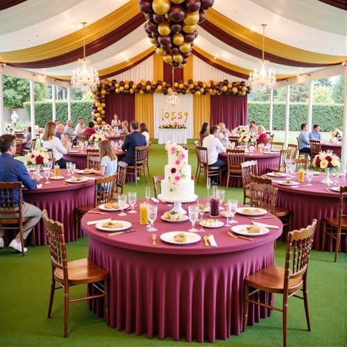 leegleri 8 Pack Burgundy 60inch Spandex Round Tablecloths, Stretchy 120inch Fitted 5FT Round Table Cloths, Wrinkle Free Table Cover with Skirt for Wedding Party Dining Banquet by LeegleriTableSkirt