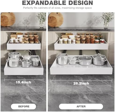 Seinloes 2 Pack Pull Out Cabinet Organizer 18" Deep,Full Extension 3 Slide Rails Slide Out Drawers With Raising Pad for Framed Cabinets,Expandable Width (15.4"-26.2"),No Drill Roll Out Shelf,White - Image 7