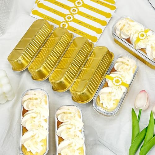 200Pack Gold Mini Cake Pans Disposable Mini Loaf Pans with Lids and Spoons and Stickers, 6.8Oz Aluminum Foil Pans Tins, Individual Dessert Cups Containers for Sales,Party,Picnics - Image 2