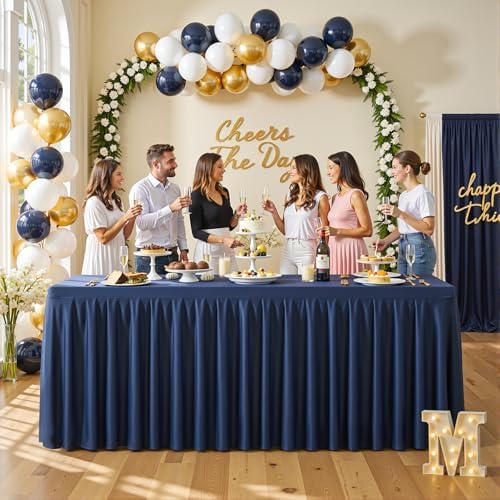 6 Pack Navy Blue Rectangle Tablecloth 8 FT Stretch Spandex Fitted Table Cloth for 8 Foot Rectangle Tables Banquet Tablecloths Wrinkle Free Table Cover Skirt Ruffle Tablecloth for Party Wedding - Image 4