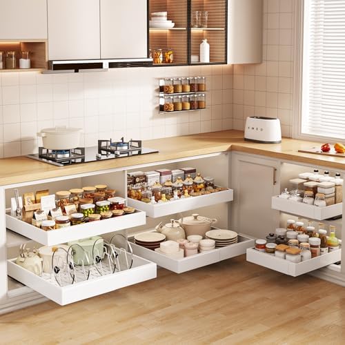 Seinloes 2Pack Pull out Cabinet Organizer 21"Deep with 4 Adjustable Dividers,Expandable（12.1"-20.4"W） Pots and Pans Organizer Under Cabinet with Raising Pad for Framed Cabinets,Slide out Drawers,White - Image 5