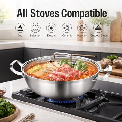 DELARLO Tri-Ply Stainless Steel Hot Pot 13 inch Everyday pan With lid,5QT - Image 4
